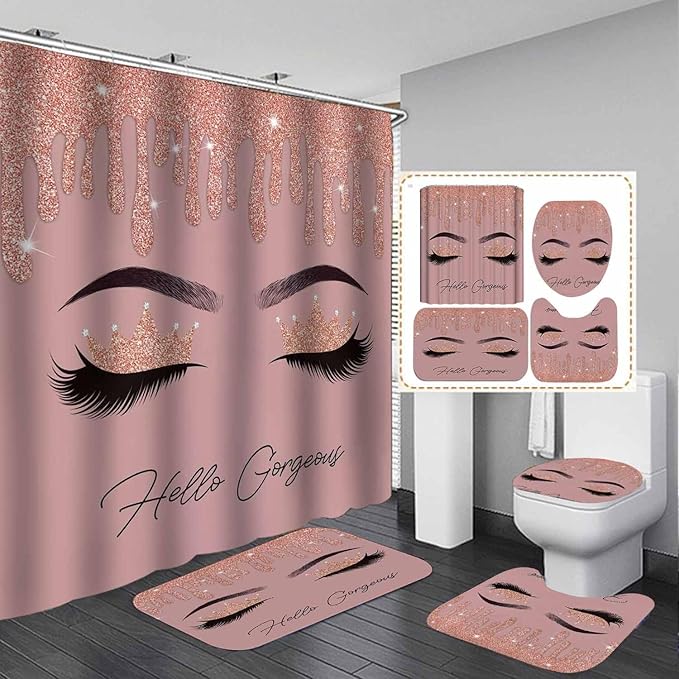 4PCS Hello Gorgeous Shower Curtain Set, Rose Gold Glitter Drip Bling Glam Diamond Crown Princess Unicorn Eyelash Girls Pink Bathroom Decor, Waterproof Fabric Shower Curtain Bath Mat Toilet Rug