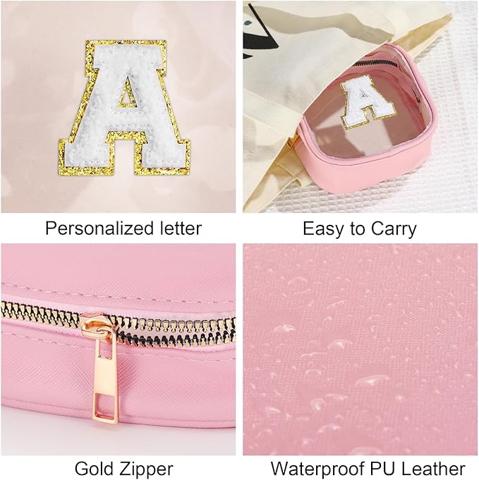 YOOLIFE Mini Birthday Gifts for Women - Personalized Cute Pink Initial Clear Makeup Bag Make Up Bag Travel Bag for Mothers Day Gifts Teacher Sister Friend Female Girlfriend Wife Teen Gifts Party Bag T