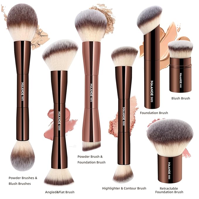 MAANGE 7pcs Makeup Brush Set Double Sided Kabuki Makeup Brushes Contour Brush for Foundation Liquid Powder Concealer Cream Cosmetics Bronzer Blending Blush Buffing Makeup Tools (Coffee)