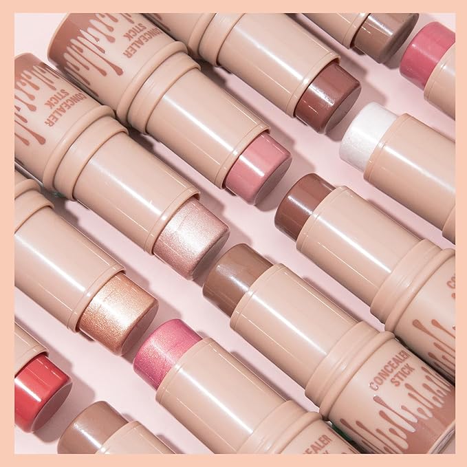 3Pcs Cream Contour Stick, with Highlighter Stick Milk Bronzer Stick Blush Stick, Face Contour Stick Highlighter Makeup with Makeup Brush and Sponge, Easy to Sculpt the Face, Long Lasting
