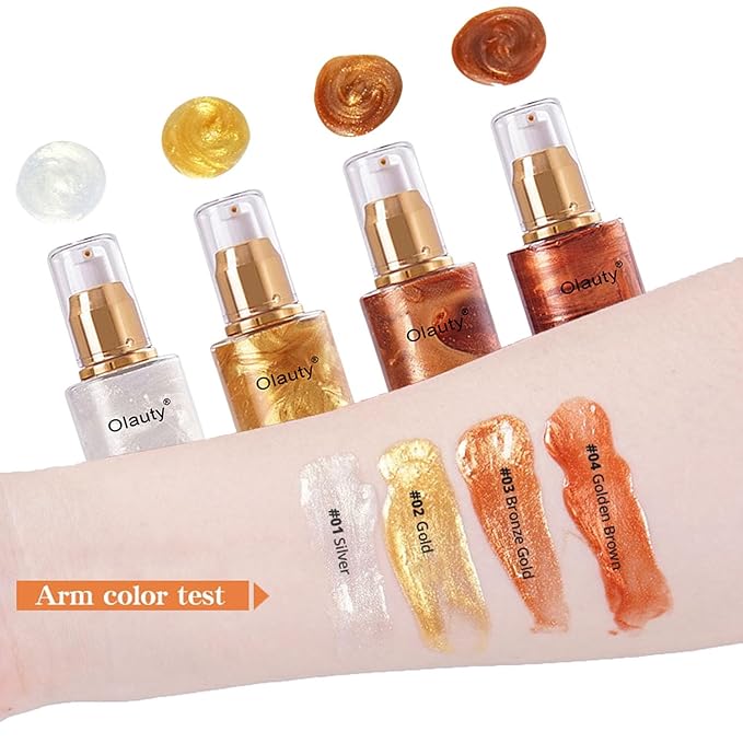 Shimmer Body Oil, Highlighter Makeup Smooth Glitter Glow Liquid Foundation for Face & Body,Liquid Illuminator Body Shimmer Lotion for Women (4# Golden Brown)