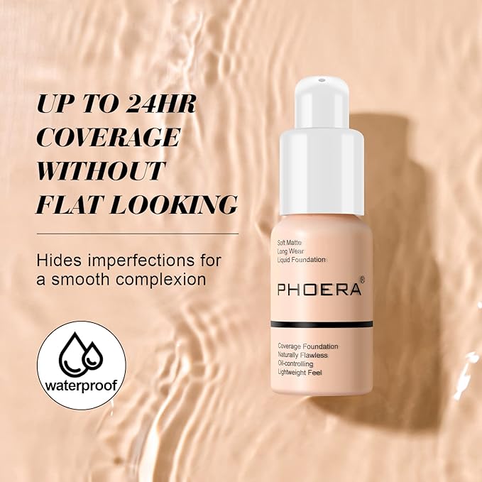 BestLand 2Pack PHOERA Foundation Full Coverage Liquid Foundation Cream - Long-lasting Lightweight Concealer - Oil-Free Formula - Natural Shade - Suitable for All Skin Types (104 Buff Beige & 105 Sand)