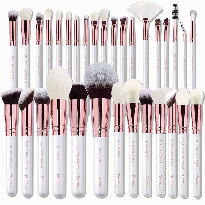 Pro makeup Artist Brushes Set 32Pcs Luxury Goat Hair Horse hair Makeup Brush Set eye and face brushes for every possibility By Bueart Design (Pearl White)