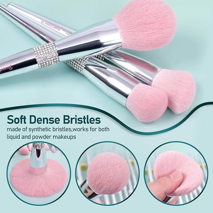 Bueart Design Elegant pink Ultra soft labeled Makeup Brushes Sets with Brush Holder makeup brush set with Foundation Powder blush blending contour Brush (15Pcs Silver Pink+Holder)