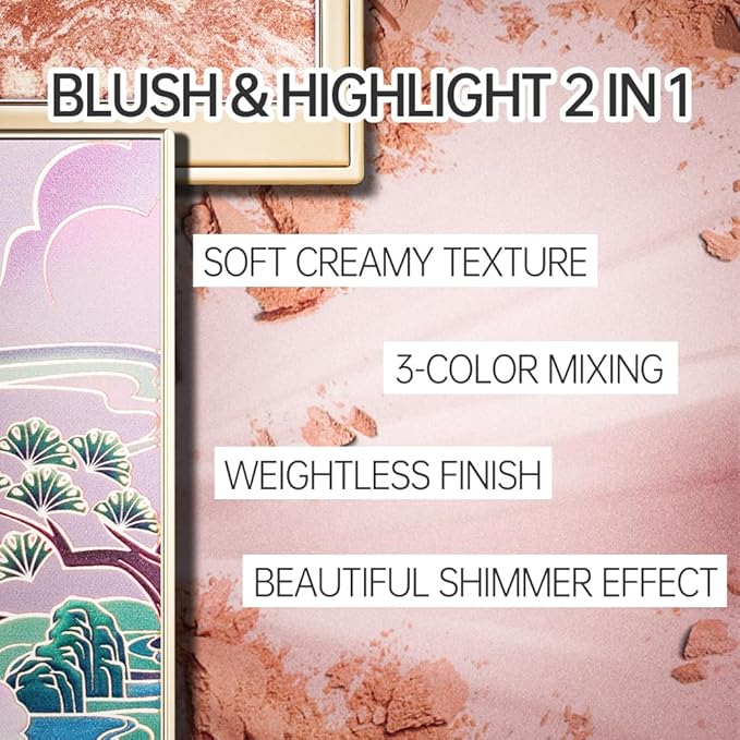 CATKIN Powder Blush for Cheek Blusher Natural Shimmering Blush & Highlight 2 in 1 Creamy Blendable Baked Blush Palette 10g C02 Lovely Cheek