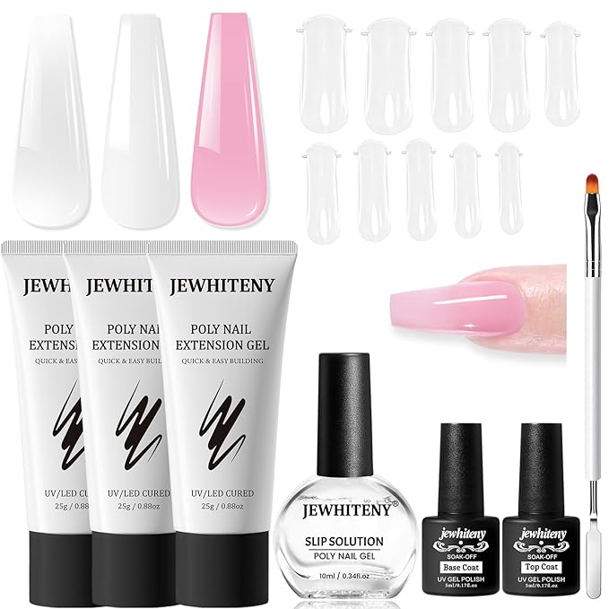 JEWHITENY Poly Extension Gel Nail Set Clear White Pink Poly Nail Gel With Base Coat Top Coat for Finger Art and Home DIY French Manicure Need U V Lamp Curing