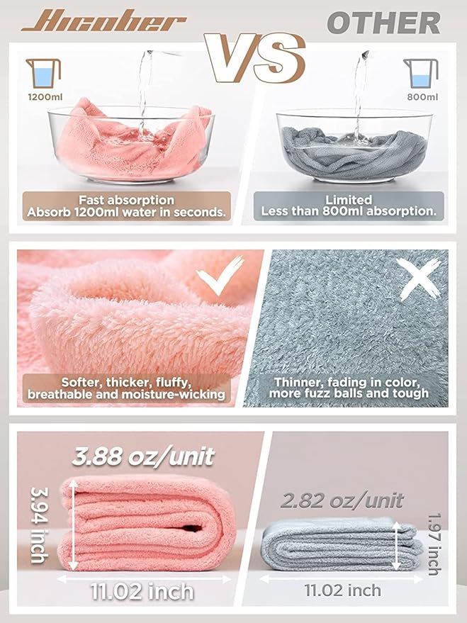Hicober Microfiber Hair Towel, 3 Packs Hair Turbans for Wet Hair, Drying Hair Wrap Towels for Curly Hair Women Anti Frizz (Pink,Blue,Green)