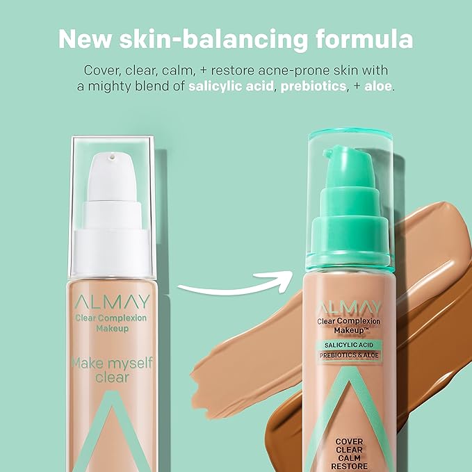 Almay Clear Complexion Acne Foundation Makeup with Salicylic Acid - Lightweight, Medium Coverage, Hypoallergenic, -Fragrance Free, for Sensitive Skin , 700 True Beige, 1 fl oz.