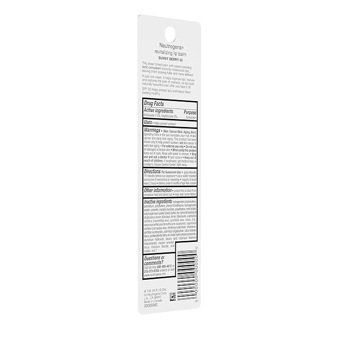 Neutrogena Revitalizing and Moisturizing Tinted Lip Balm with Sun Protective Broad Spectrum SPF 20 Sunscreen, Lip Soothing Balm with a Sheer Tint in Color Sunny Berry 30,.15 oz (Pack of 2)