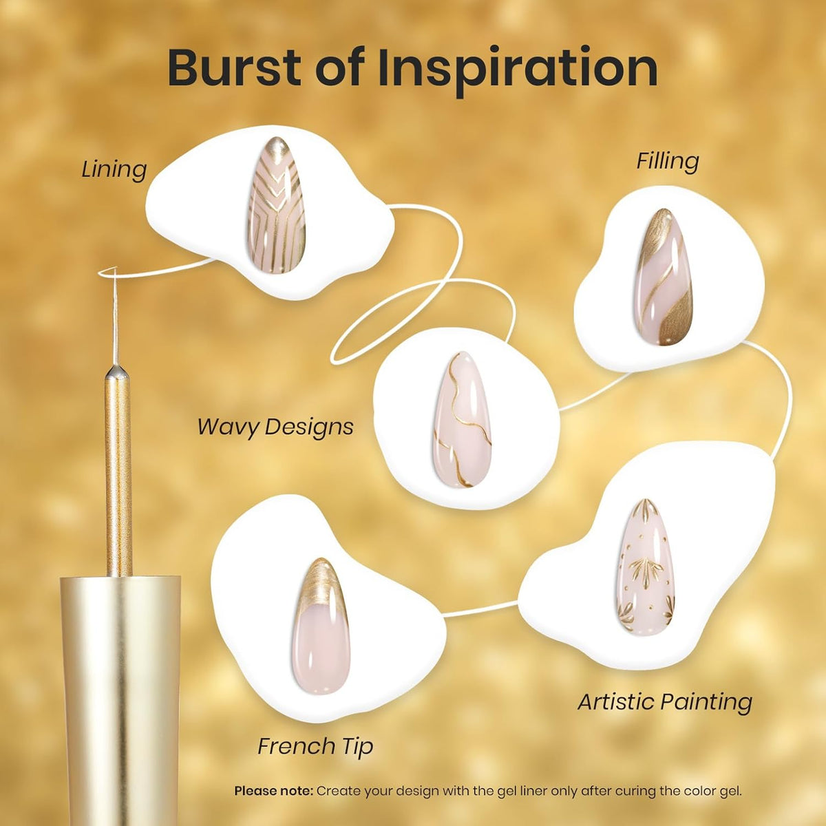 Beetles Metallic Gold Gel Liner 7ml French Tip Gel Polish 3D Mirror Chrome Effect Metal Painted Nail Polish Build in Thin Brush French Swirl Line Nail Art Soak off Uv Lamp Manicure Salon