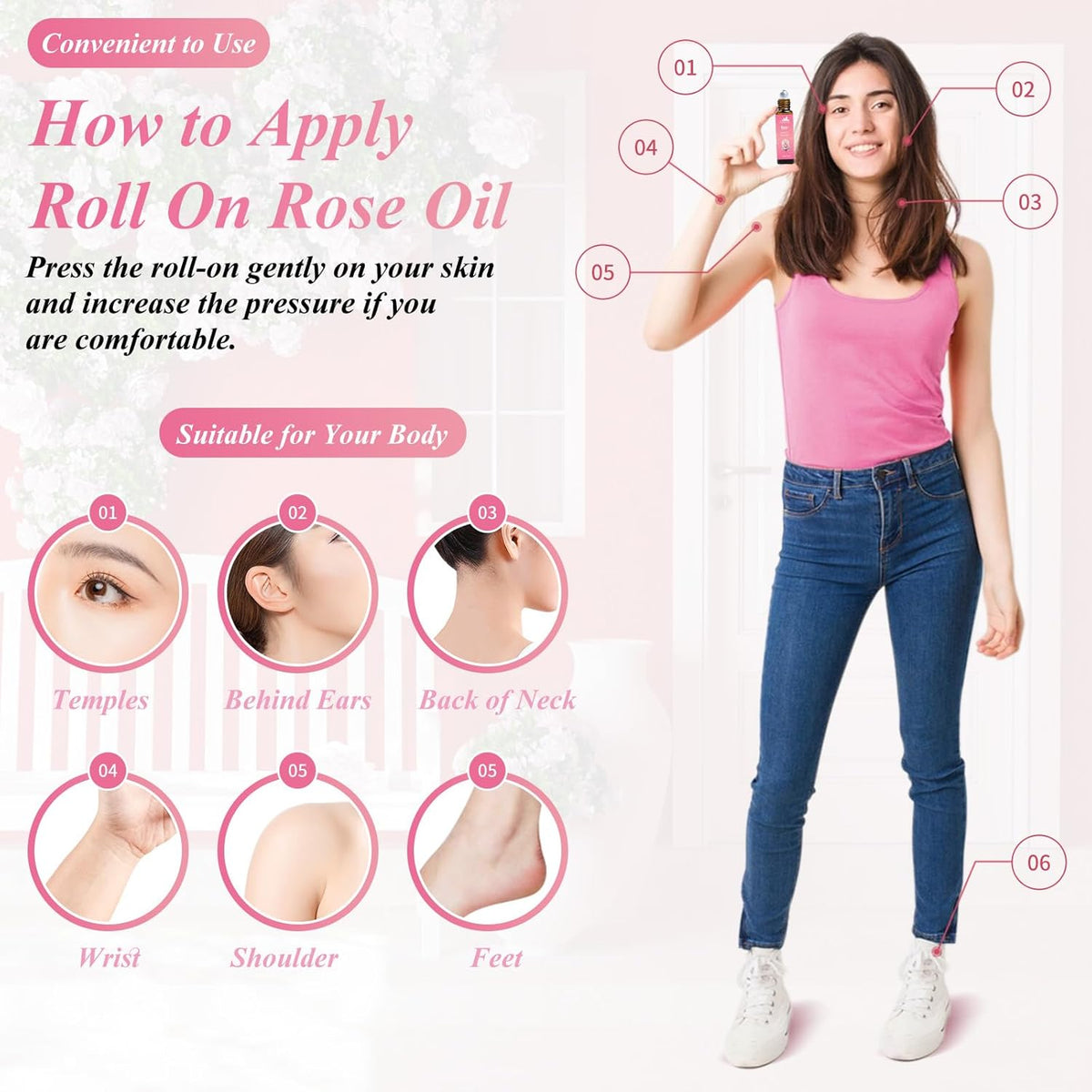 Rose Essential Oil Roll On, Mumianhua Diluted Rose Oil Touch Essential Oil, Aromatherapy Roller Oil for Skin, Body, Hair, Women,Men,Relaxation, Mood Balance, Massage 0.33 Fl Oz