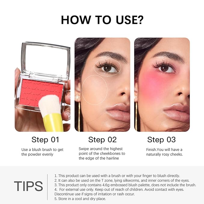 MAEPEOR Embossed Blush 6 Colors Smooth Blendable Face Blush Long-Lasting Natural Look Blush Powder Blush for Cheeks (06 Berry）