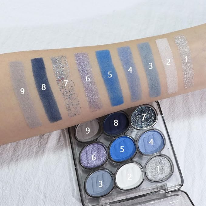 9 Colors Blue Silver Matte Shimmer Eyeshadow Palette for Eye Makeup,High Pigmented White Gray Eye Shadow Primers Powder Palet de sombras de ojos