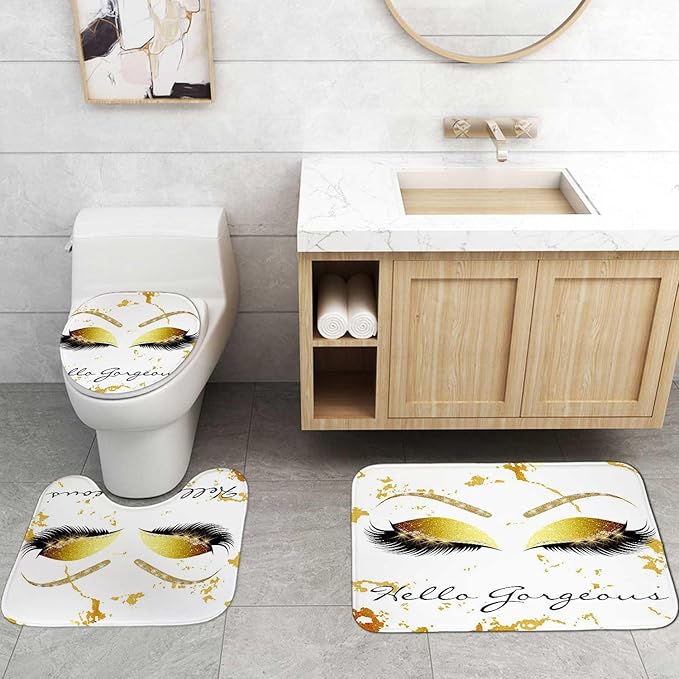 4PCS Hello Gorgeous Unicorn Eyelash Shower Curtain Set with Rugs, Luxury Diamond Gold Glitter Eyebrow Eyeshadow Makeup White Marble Glam Modern Fashion Women Bathroom Decor, Hello Gorgeous