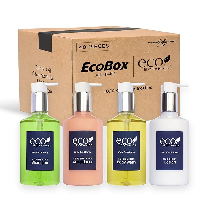 A 40 Piece Ecobox All-In-Kit of our Ecobotanics 10.14 oz. 300 ml Bottles-12 Shampoo, 8 Conditioners, 12 Body Wash & 8 Lotions