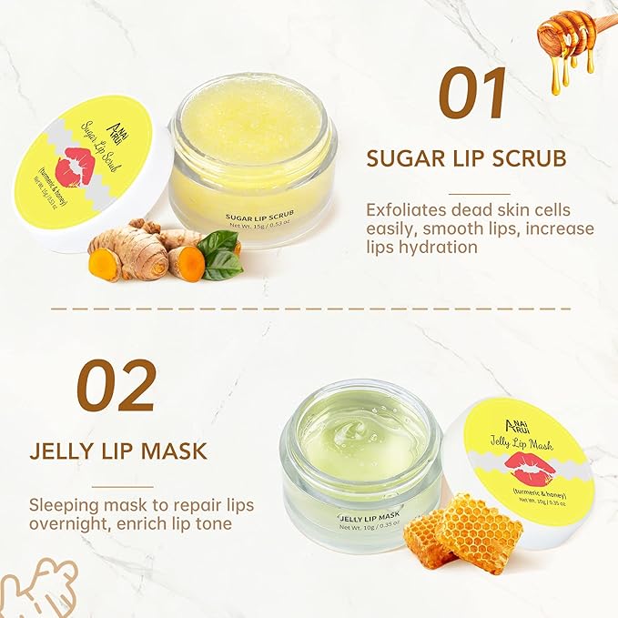 ANAIRUI Lip Therapy Set - Lip Care Kit - Includes Sugar Lip Scrub & Jelly Lip Sleep Mask, Lips Balm & Moisturizer, Dark Lip Care, Moisturizing for Fuller, Softer Lips (Turmeric & Honey)