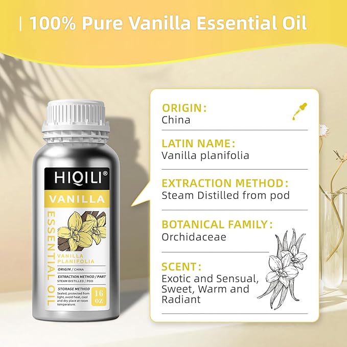 HIQILI 16 Ounces Vanilla Essential Oil, Strong Fragrance for Body Lotion, Candle Making, Soap, Aromatherapy -16 Fl Oz