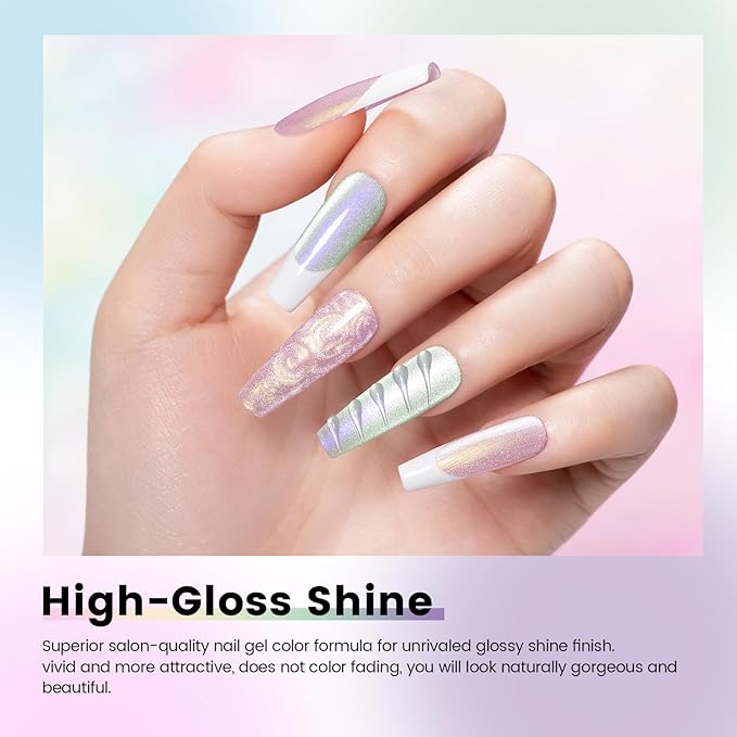 RARJSM Sparkle Diamond Pearl Cat Eye Gel Nail Polish Set 6pcs Velvet Silver Shimmer Pink Green Blue Purple White Glitter Mermaid Swirl Shell Thread Effect with Magnet Stick UV LED Curing Requires