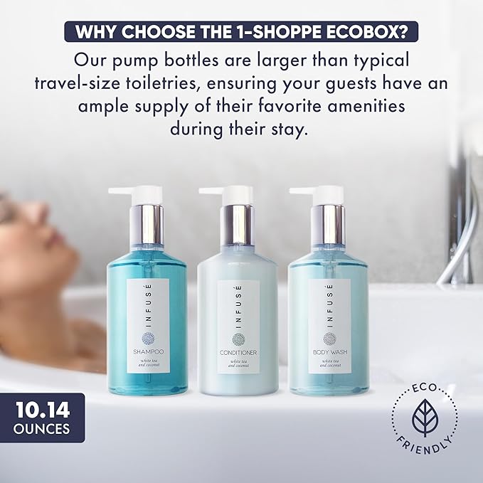 A 20 Piece Ecobox All-In-Kit of our Infuse | White Tea and Coconut Soap | 6 Shampoo, 4 Conditioner, 6 Body Wash & 4 Lotion | 10.14 oz Hotel Soaps and Toiletries Bulk | Personal Care Products