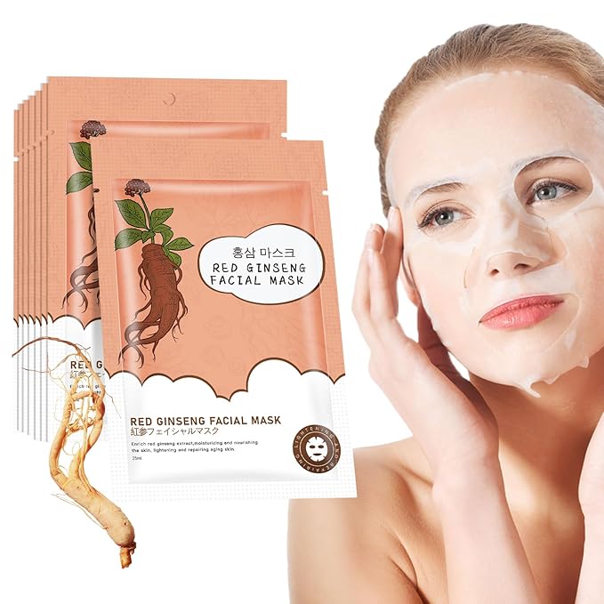 10Pack Sheet Face Masks Skincare for All Skin Types, Moisturizing Hydrating Face Masks Suitable for Sensitive Skin, Red Ginseng Face Masks for Wrinkles, Fine-Lines, Firmness and Elasticity