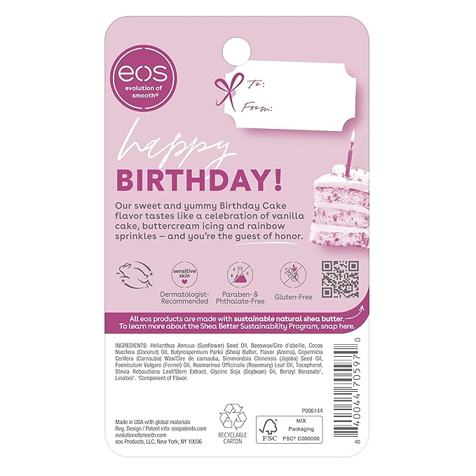 eos Natural Shea Lip Balm- Birthday Cake, All-Day Moisture Lip Care Products, 0.25 oz