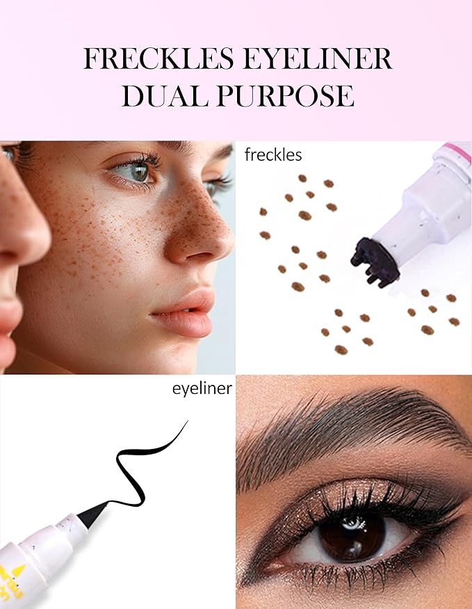 Erinde Waterproof Freckle Stamp Pen, Dual Ended Fake Freckle & Black Liquid Eyeliner, Long Lasting Quick Dry Faux Freckles Stamp Freck Pen for Natural Sunkissed Makeup, 03 Dark