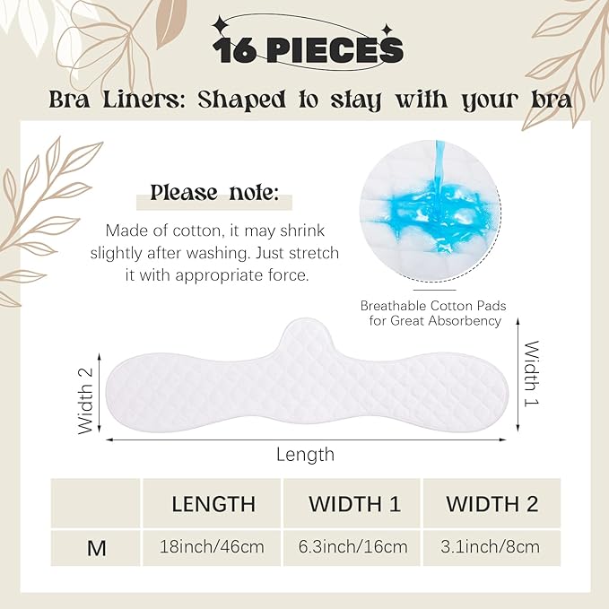 Boyiee 16 Pcs Cotton Bra Liners 3 Layer Reusable Boob Towel Under Breast Sweat Absorber Pads for Woman