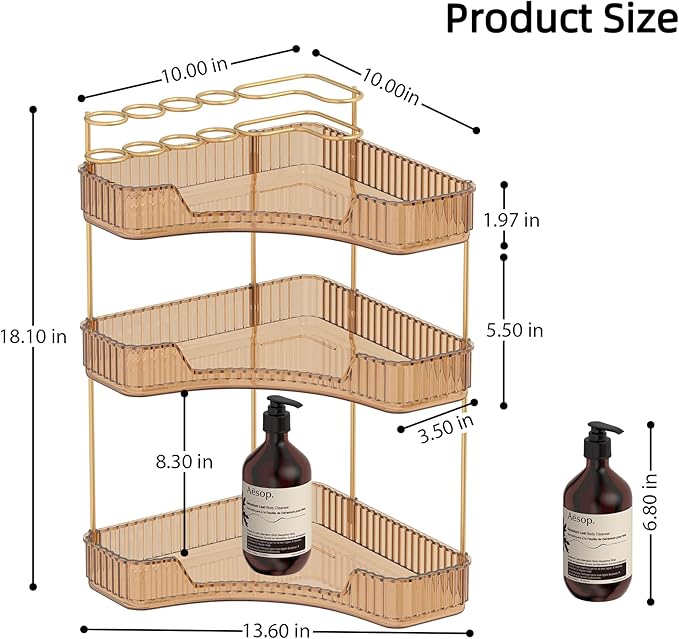 Corner Bathroom Counter Organizer with Top Toothbrush Holders, 3-Tier Make Up Organizers for Vanity with Brush Holder, Corner Storage for Bathroom, Kitchen, Dresser