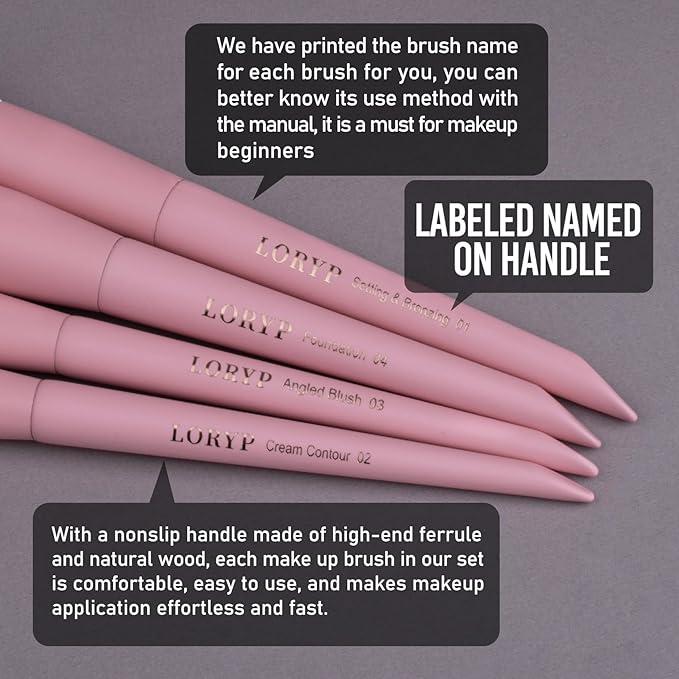 LORYP Makeup Brushes Set Labeled 18 Piece Face and Eye Brush Set Ultra soft hair Foundation, Concealer, Blush, Contour, Blending, Eyeshadow Pink Brush kit