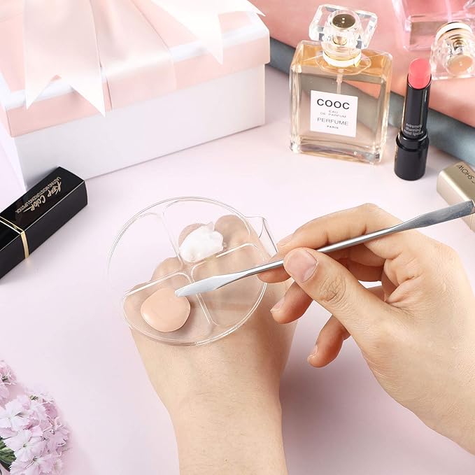 2 Pieces Hand Makeup Mixing Palette Handheld Palette Clear Makeup Cosmetic Palette Nail Art Manicure Palette with 2 Pieces Spatula for Mixing Foundation