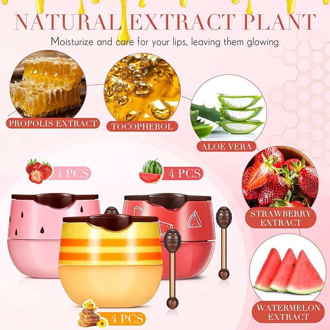 12 Pcs Bee Lip Balm Honey Pot with Brush Propolis Lip Mask Overnight, Moisturizing Hydrating Lip Sleeping Mask Prevention Dry and Cracked(Honey+Strawberry+Watermelon)