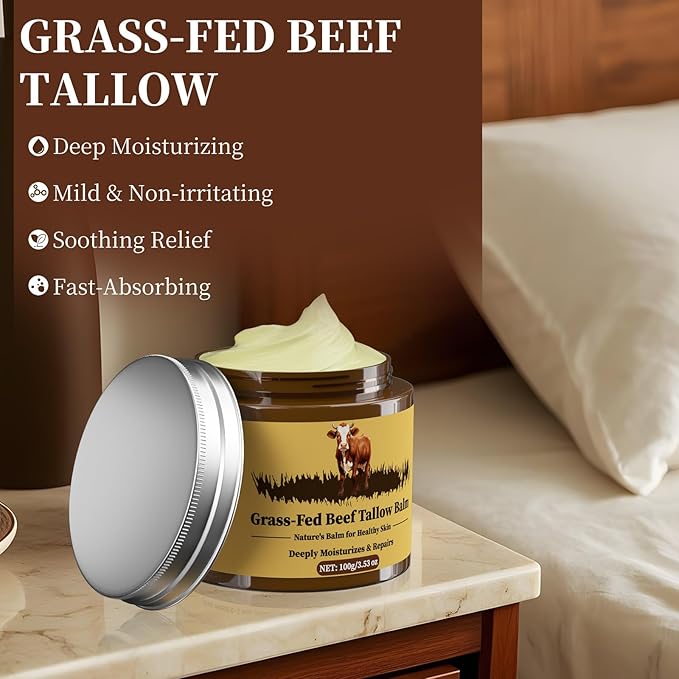 Beef Tallow for Skin, Tallow and Honey Balm, Facial Moisturizer Cream, 100% Organic Grass Fed Whipped Beef Tallow Balm Deeply Moisturizing for Face & Body, Suitable For All Skin Types(3.53oz)