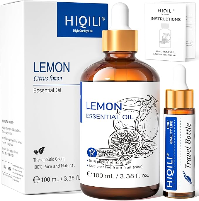 HIQILI Lemon Essential Oil, Household Cleaning, Air Purification, Skin Care, Can be Added to Cleansers, Sprays, Body Lotions Use - 3.38 Fl Oz/100ML