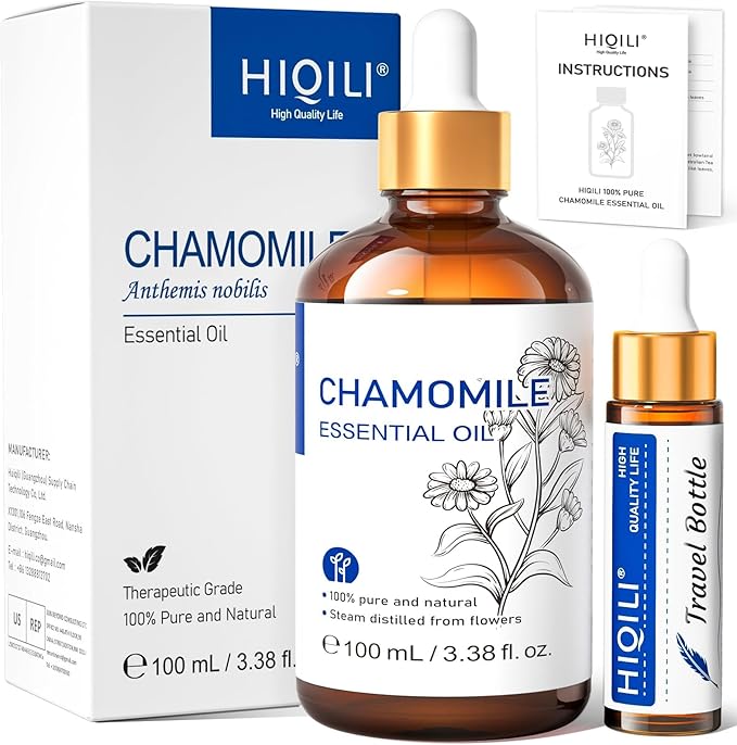 HIQILI 100ML Chamomile Essential Oil, Pure & Natural Chamomile Oil for Diffueser, Skin, Soap, Shampoo - 3.38 Fl Oz