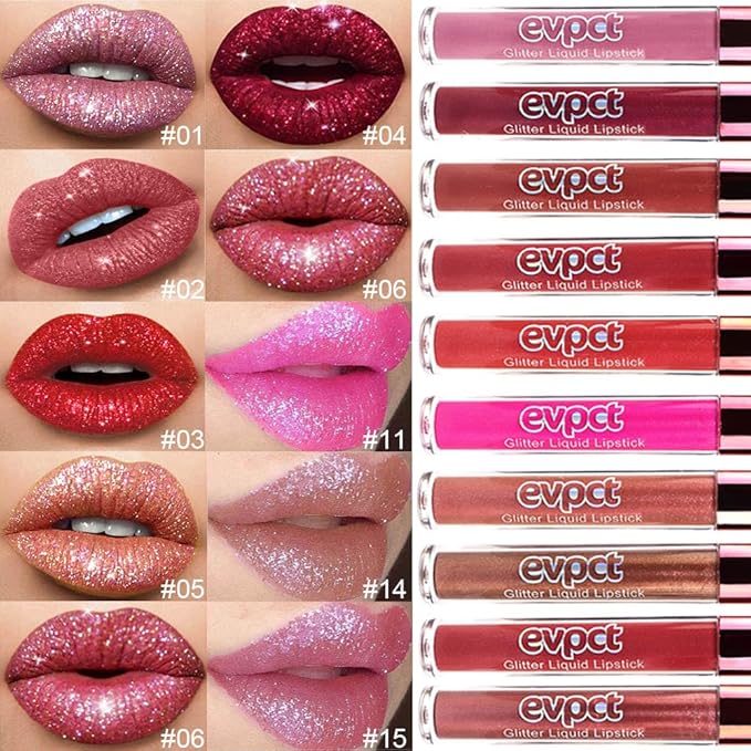 evpct 2Pcs Mauve & Dark Red Matte to Glitter Liquid Lipstick Set Kit for Women Long Lasting Glossy Metallic Shimmer Sparkle Lipstick Lip Gloss 01+04