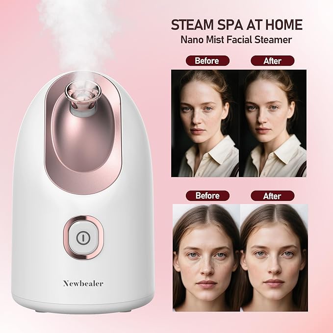 Newbealer Facial Steamer, Mini Aroma Face Steamer, Nano Ionic Hot Mist Face Humidifier for Facial Deep Cleaning, Home Sauna Spa Sprayer with 9 Pieces Acne Remover Kit (White-Gold, 160 ML)