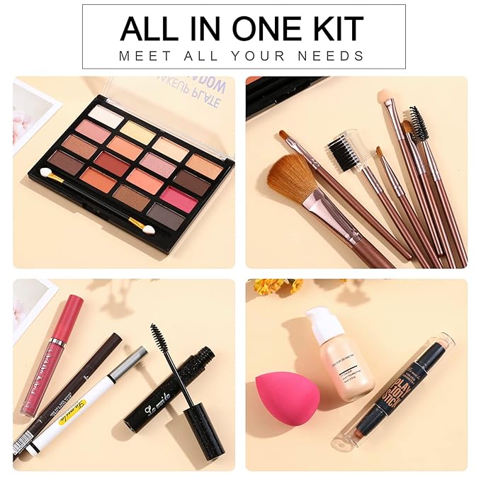All in One Makeup Kit For Women Girls Teens Makeup set 16 Colors Eyeshadow Palette Foundation Eyeliner Contouring Stick Lip Gloss Eyebrow Mascara Makeup Brushes Makeup Gift Sets