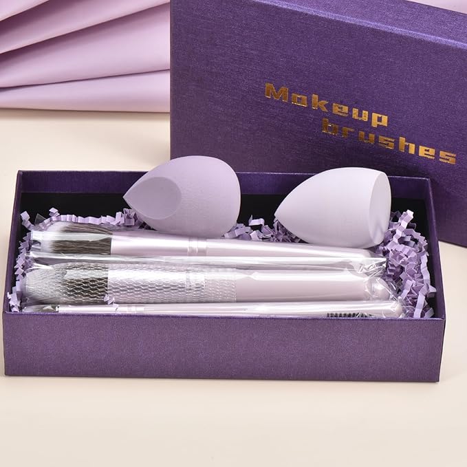Gift Ready 10 Piece Purple Makeup Brushes Set and 2 Piece Makeup Sponge – Wooden Handle with Soft Synthetic Bristles, Concealer, Powder – (Ideal for Christmas, Birthday, Women)