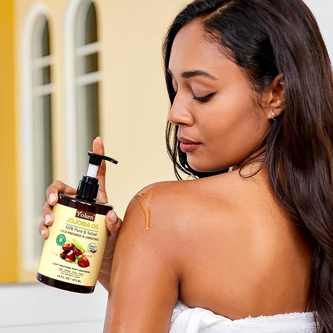 Yoken Pure Jojoba Oil Organic USDA Certified 16 fl oz, 100% Natural Jojoba Oil for Hair, Skin & Face, Cold Pressed Unrefined, Deeply Moisturizing Body Carrier Oils for Essential Oils Mixing