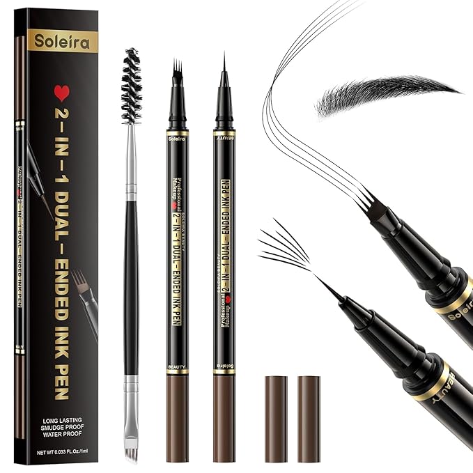 Eyebrow Pen, Soleira Waterproof Eyebrow Pencil with 4 Tip Microblading Eyebrow Pen and Dual-ended Eyebrow Brush, for Natural-Looking Brows, Long-Lasting, Black