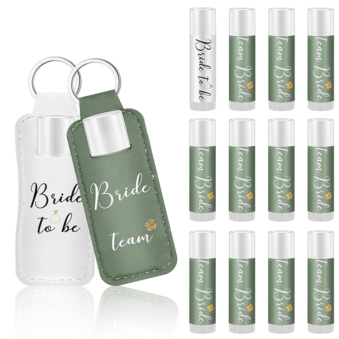 24 Pack Bachelorette Party Favor Lip Balm Set Team Bride Lip balm with Lipstick Holder Keychain Bride to be Lip balm Bridal Shower Proposal Gifts for Wedding Party Favors(White, Sage Green)