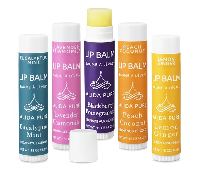 ALIDA PURE Duet Lip Balm Collection, Vegan, Lip Balm Set, Coconut Oil Free, Avocado Oil, Organic Jojoba Oil, Vitamin E Oil, Vegan, Lip Oil Set for Dry Cracked Lips, 5 Tubes of Lip Balm per Set