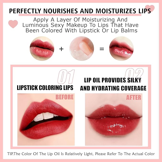 2PCS Lip Oil Set, Hydrating Lip Glow Oil Lip Plumper Gloss, Tinted Lip Oils Transparent Long Lasting Non-sticky Lip Gloss, Plumping Lip Gloss Lip Care Kit (Raspberry & Cherry)