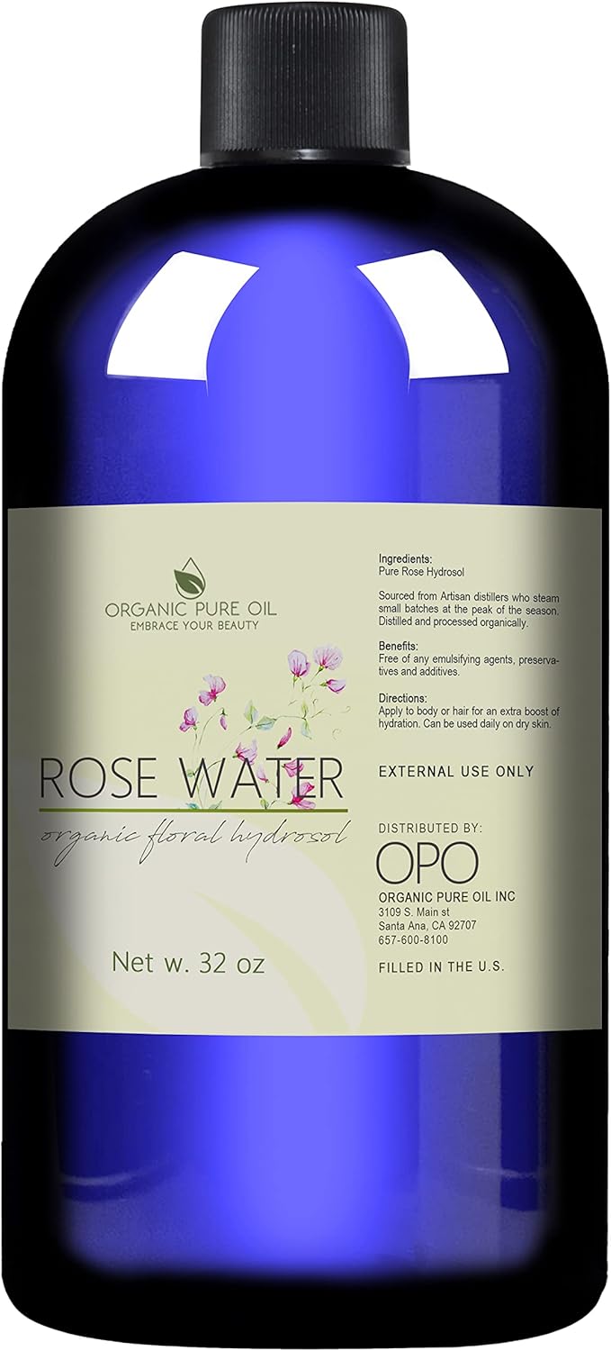 Rose Hydrosol Water - 32 oz - Pure Rose Hydrosol – Hydrating Face Toner Rose Water for Skin and Hair, Linen Spray for Sheets, Room Freshener, Body Spray by Organic Pure Oil - Packaging May Vary
