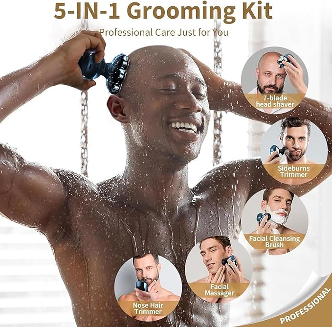 Head Shavers for Bald Men: 5-in-1 Electric Razor - IPX7 Waterproof Shaving Grooming Kit for Balder - Turbo Speed & Precision Blades (Dark Blue)