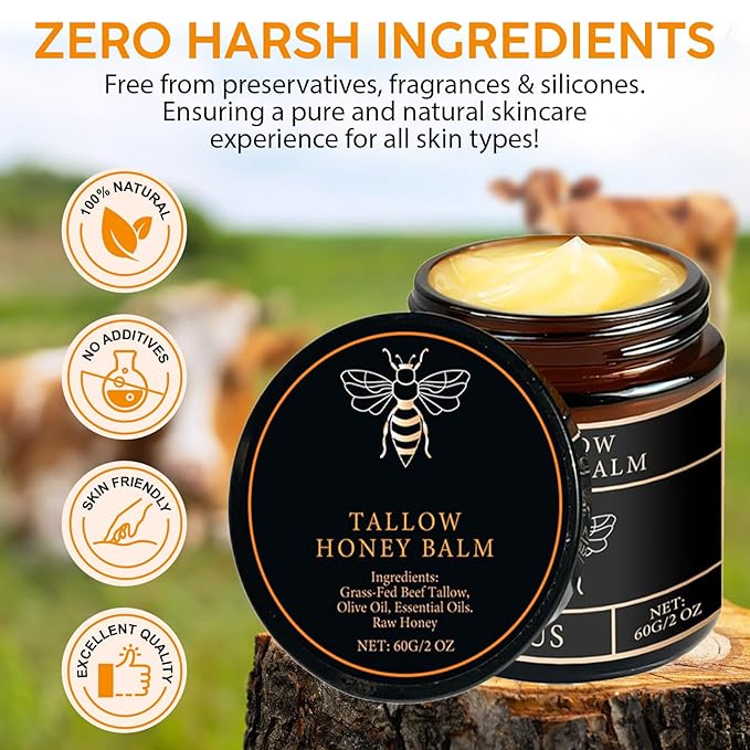 Tallow Honey Balm for Face Organic，Crema Cebo De Res Original，Handmade Tallow and Honey Balm for Face,Body，Sebo De Res Para La Cara，Based Supplies Tallow and Ho ney Bal m for Smooth Skin (2 Bottle)