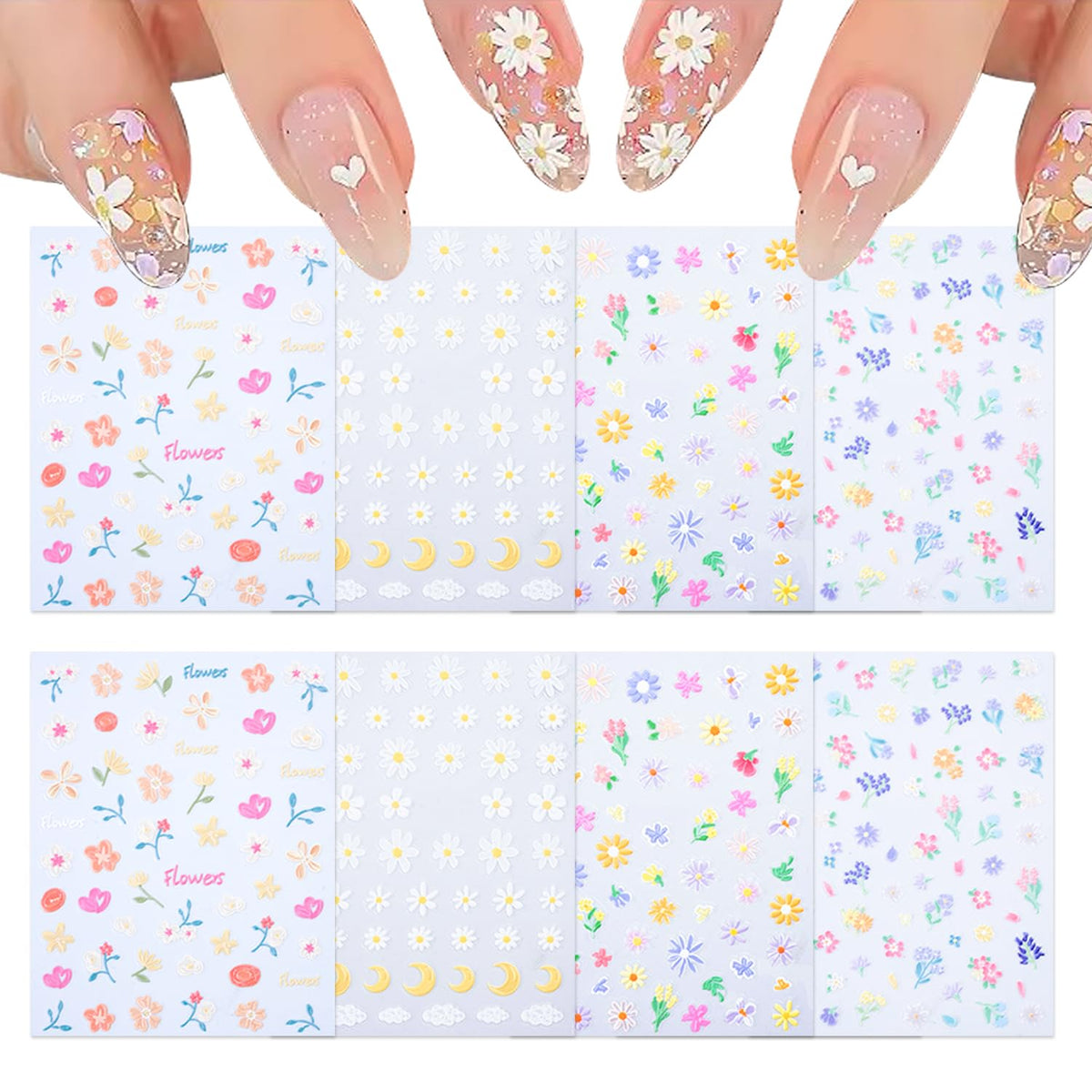 SILPECWEE 8 Sheets Flower Nail Art Stickers 3D Flower Daisy Nail Stickers Self-Adhesive Nail Design Stickers Spring Nail Decals for Nail Art Decoration Accessories