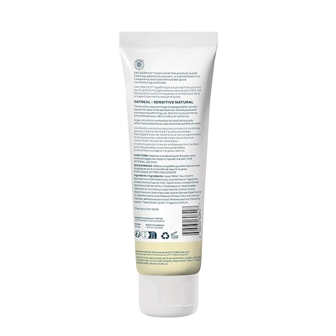 ATTITUDE Body Cream for Sensitive Skin with Oat, EWG Verified, Dermatologically Tested, Vegan, Argan Oil, 8 Fl Oz