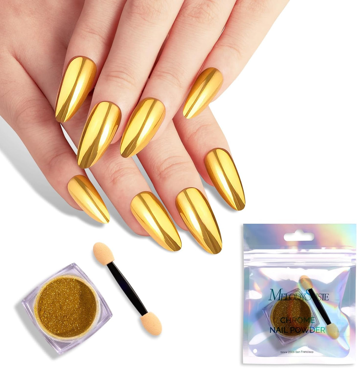 MelodySusie Gold Chrome Nail Powder for Gel Nails,Metallic Mirror Effect Pigment Stylish and Technological Fine Glitter for Home DIY Salon Use