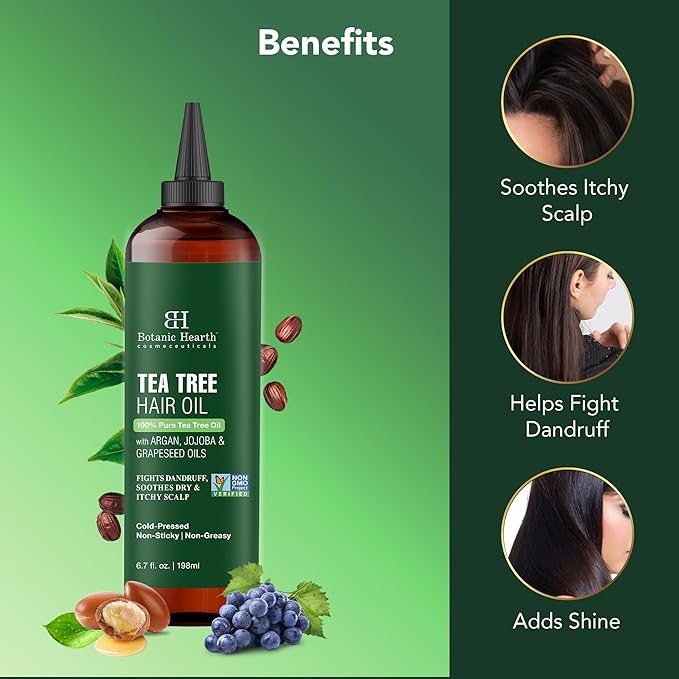 Botanic Hearth Tea Tree Oil For Hair (6.7 Fl Oz) | With Jojoba & Grapeseed Oils | Soothes Itchy Scalp & Fights Dandruff | Non Gmo Verified